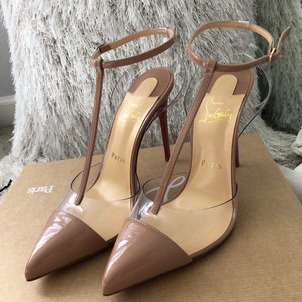 NEWChristian Louboutin 100mm nosy Patent nude 37.5